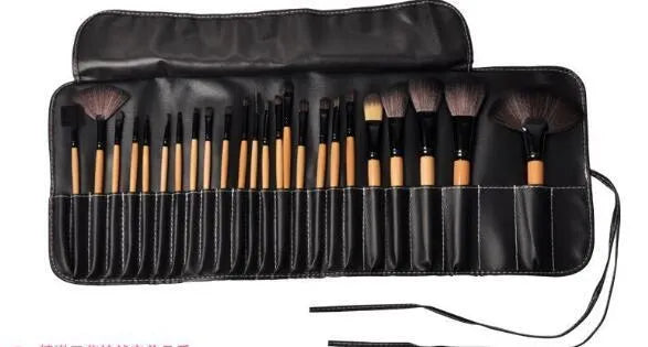 24-piece professional makeup brush set with wooden handles in protective PU gift bag packaging