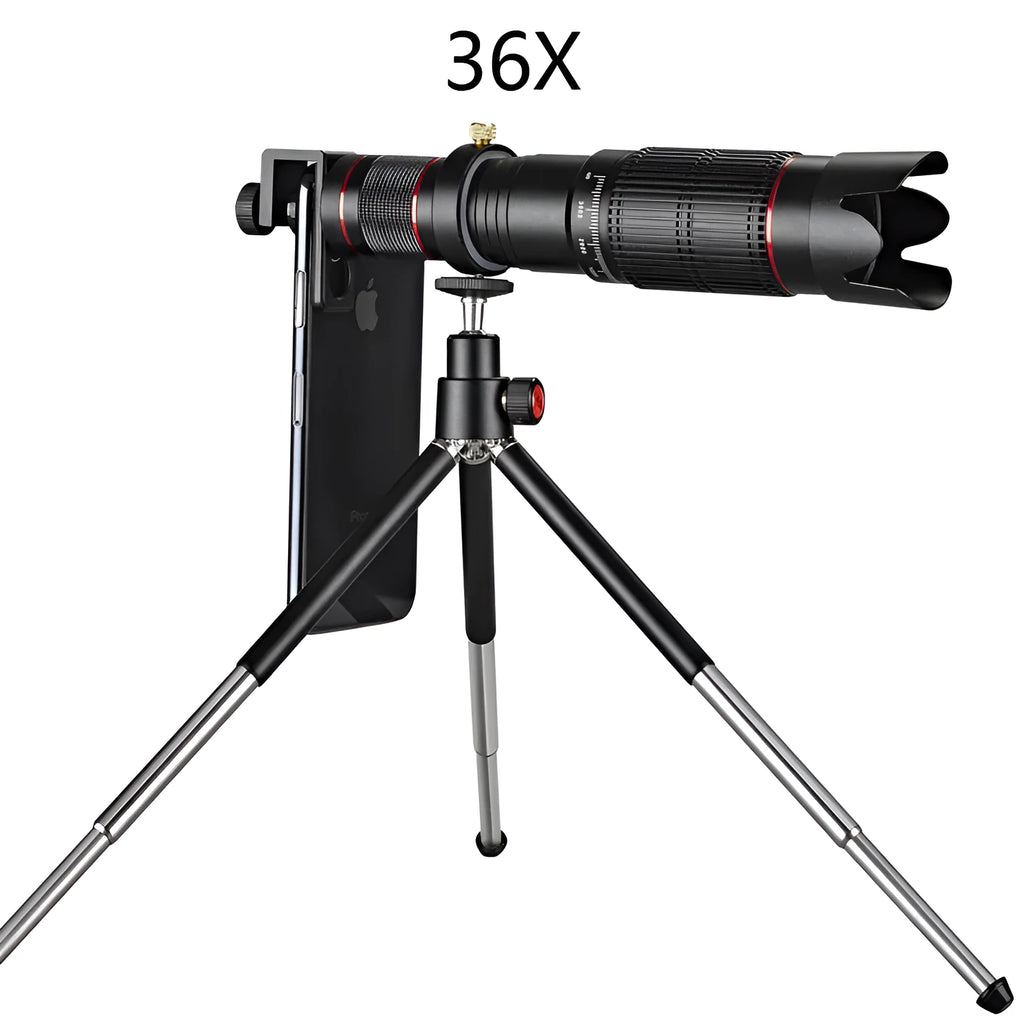 Black 36x telephoto lens attachment for smartphone photography with universal mounting system