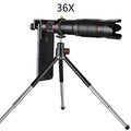 Black 36x telephoto lens attachment for smartphone photography with universal mounting system