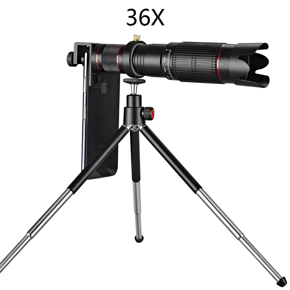 Black 36x telephoto lens attachment for smartphone photography with universal mounting system