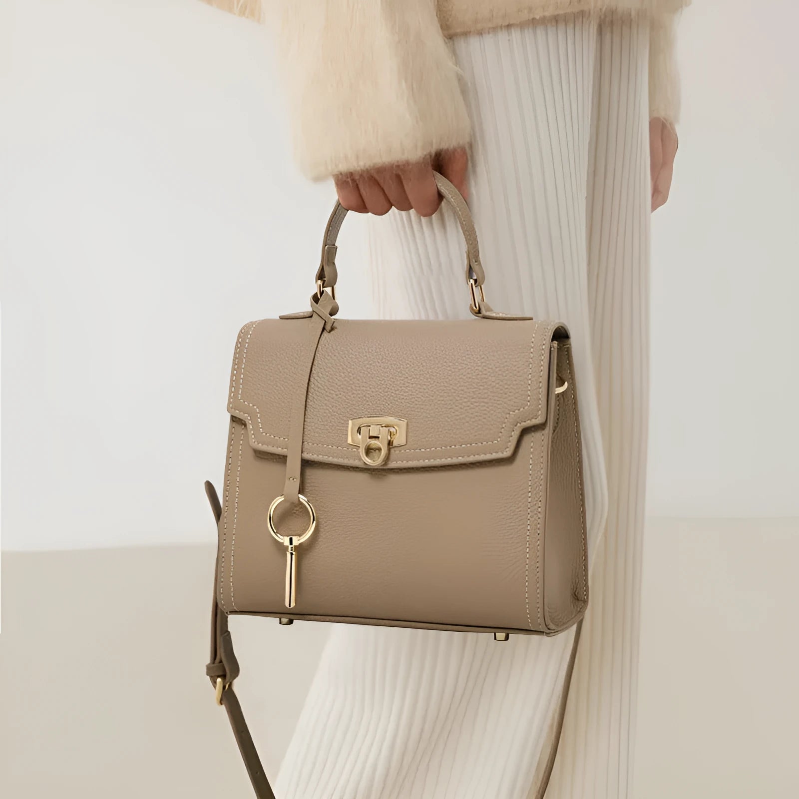 Elephant grey genuine leather crossbody handbag with litchi pattern, secure lock, and double shoulder straps