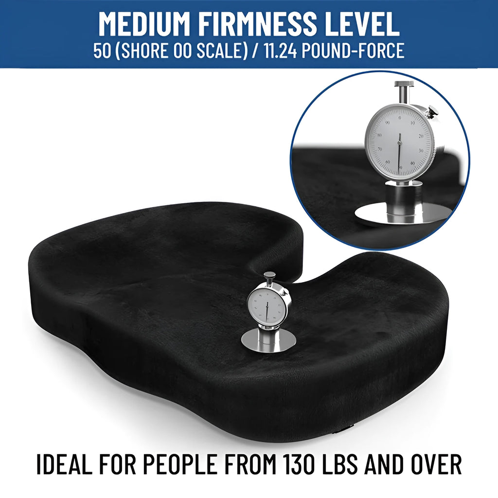 Black U-shaped memory foam seat cushion for office chairs, showing removable flannel cover.