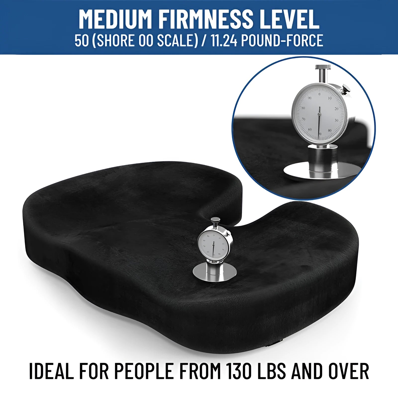 Black U-shaped memory foam seat cushion for office chairs, showing removable flannel cover.