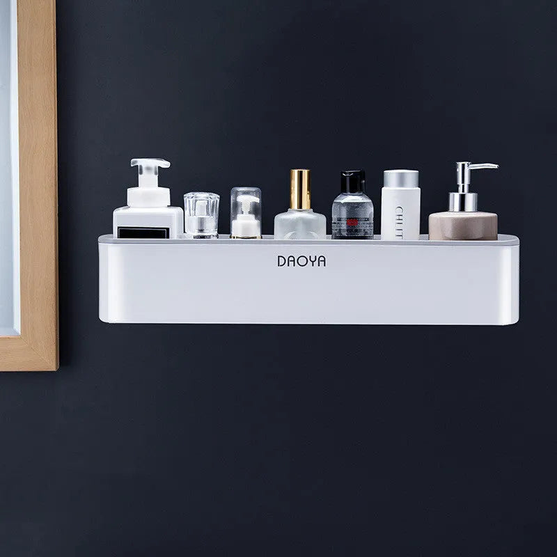 Plastic bathroom wall shelf with hole-free installation for shampoo and cosmetics storage