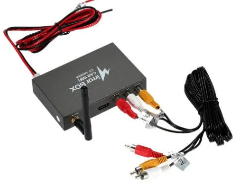 Black car mirror link box with Wi-Fi A/V converter, antenna, power cable, and AV cable for smartphone car integration