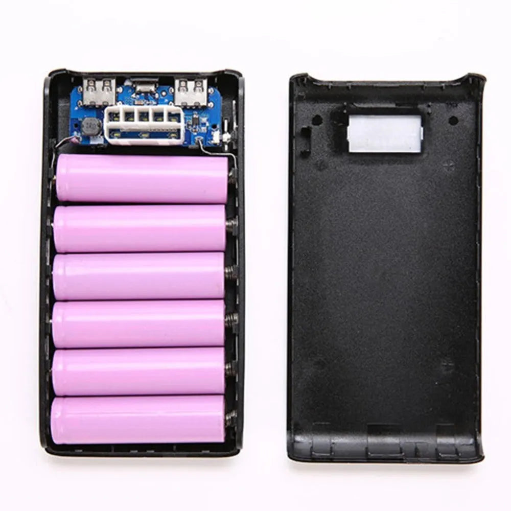 Black and white 18650 DIY charging bank case showing dual input ports and battery compartments