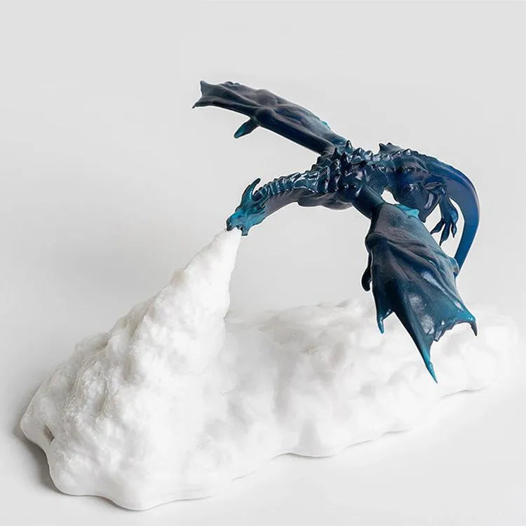 3D printed red fire-breathing dragon shape night light glowing on a dark surface