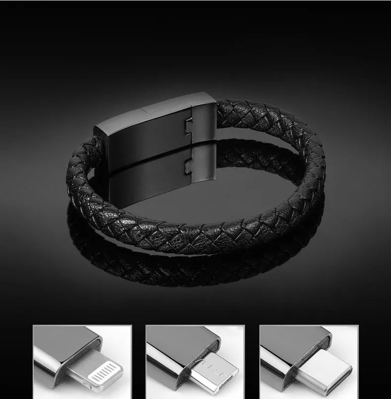 Brown braided double-line USB charging cable in a presentation gift box.