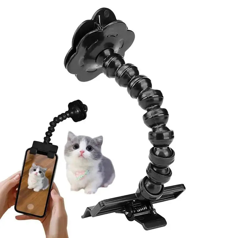 Black pet photography tool with rotating clip and snack holder for mobile phone cameras