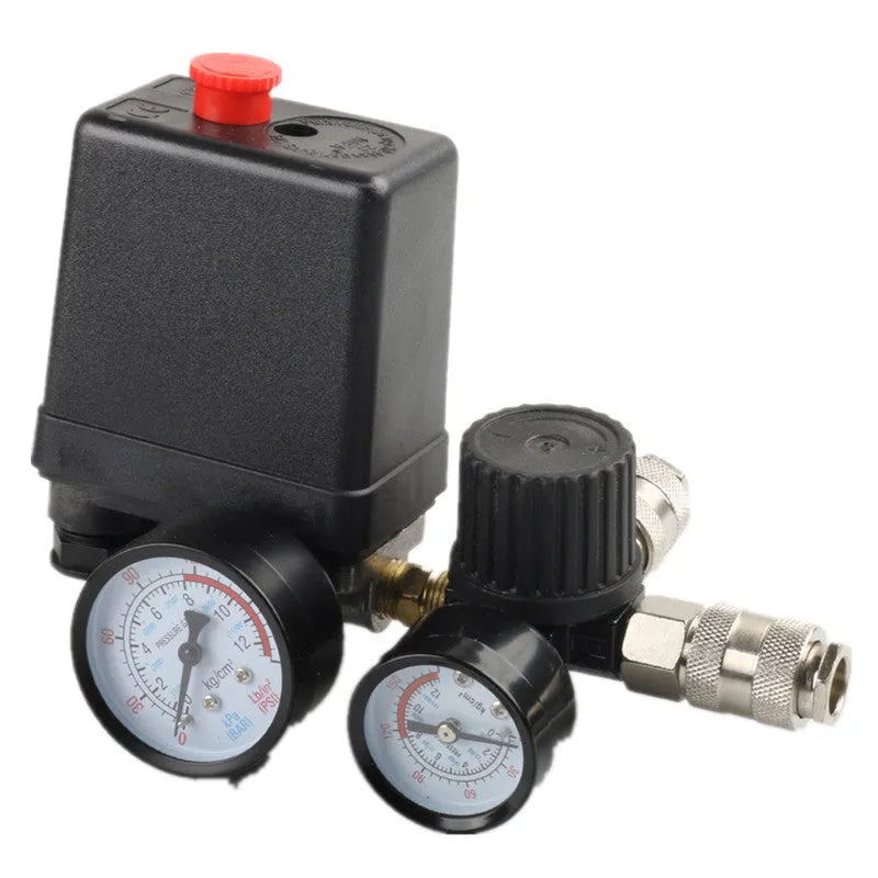 European style air compressor pressure regulating valve assembly with switch box and connectors