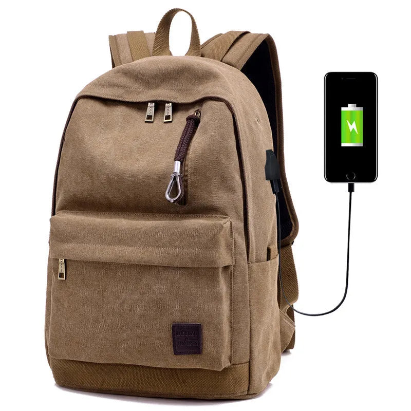 Canvas backpack with USB charging port showing front organisational pockets and adjustable shoulder straps