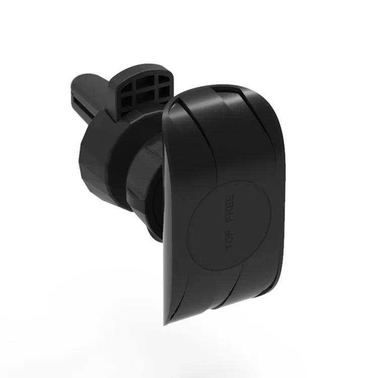 Black car phone holder attached to vehicle air vent with smartphone securely mounted