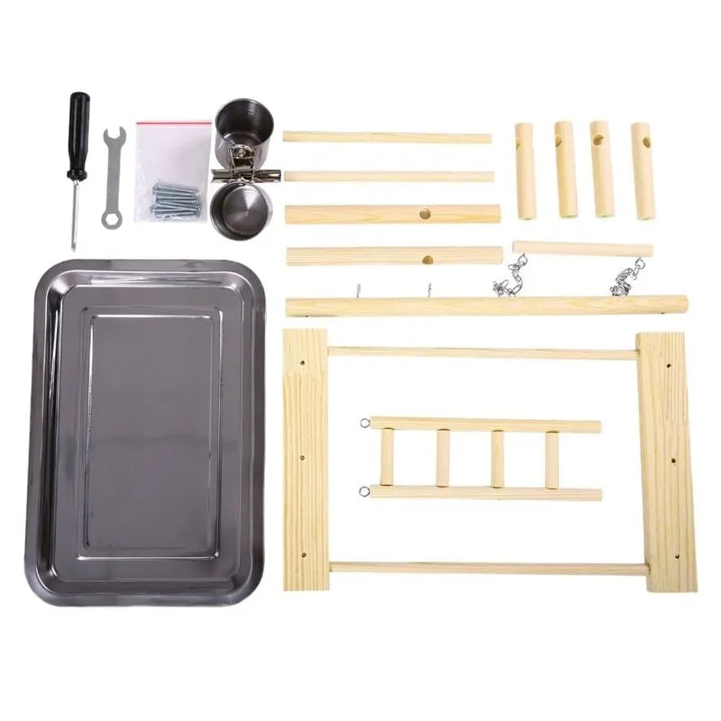 Wooden small cockatiel floor parrot standing stand, 53 x 23 x 36cm, with ladder and stainless steel tray