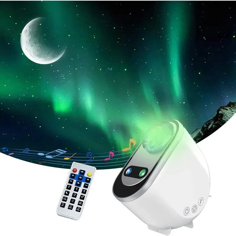 White starlight projector lamp projecting Northern Lights aurora and stars on wall with remote control