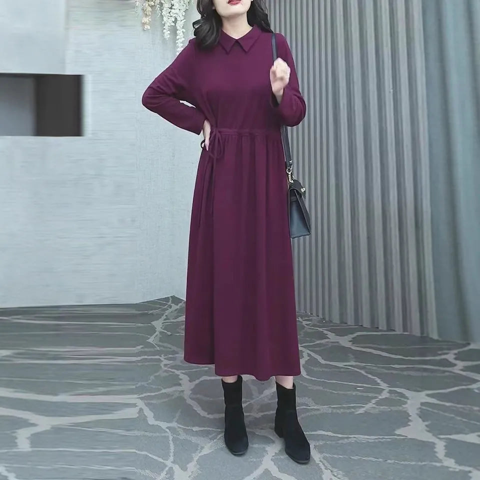 Purplish red long-sleeve dress with extra-long sleeves and long skirt for autumn and winter, available in sizes S to 3XL.