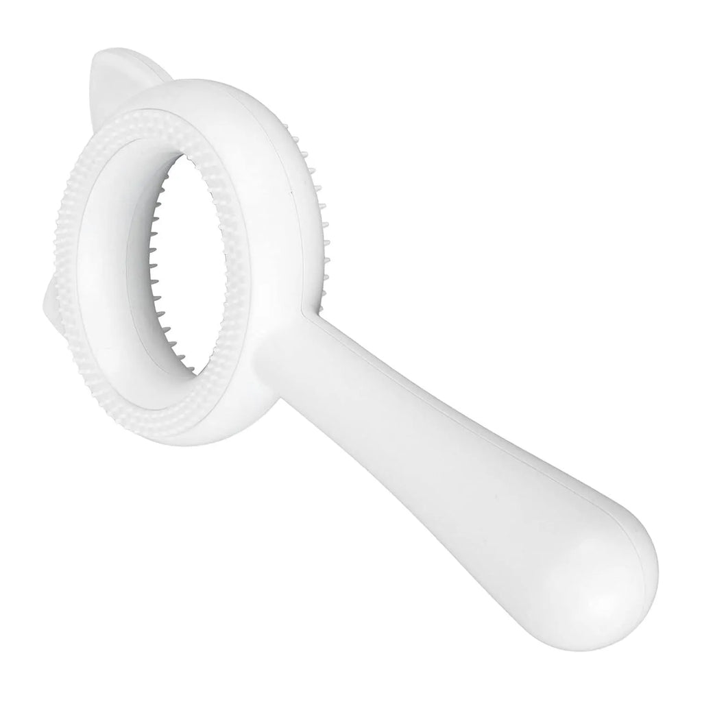 Blue and white double-sided pet grooming brush with ergonomic handle measuring 17x9x3cm