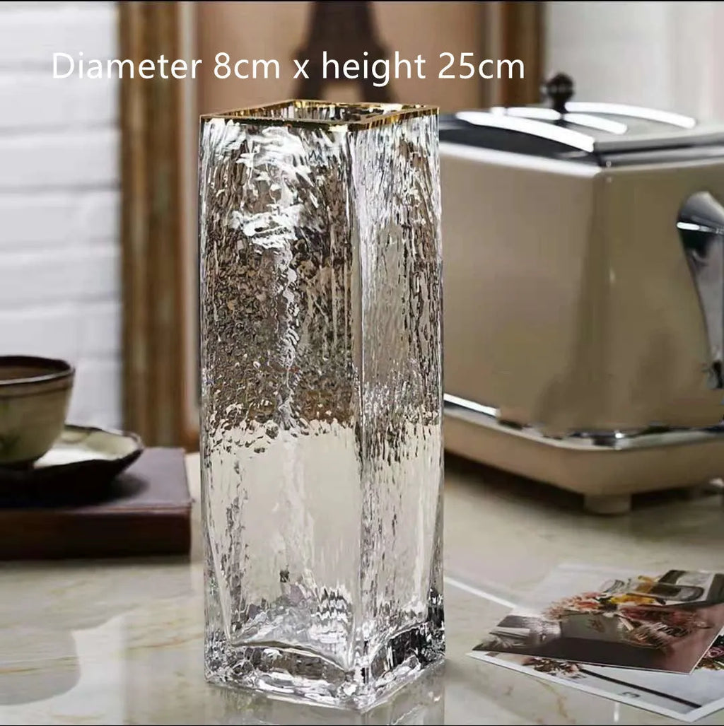 Transparent gold-painted glass vase in 8x20cm, 8x25cm, or 8x30cm for home and wedding decor