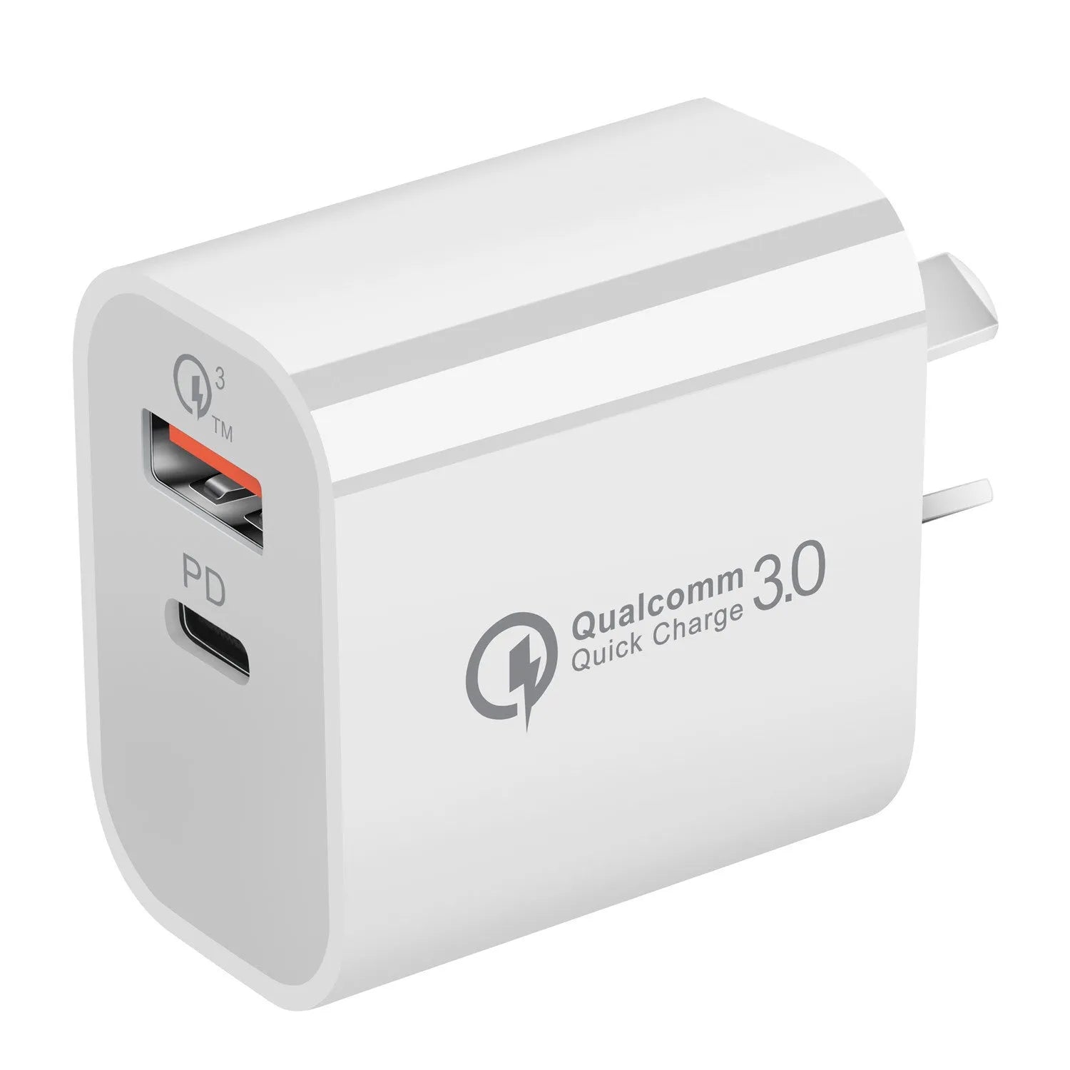 White Australian dual port USB wall charger showing Type-A and Type-C ports