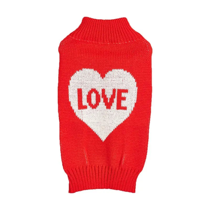 Red love heart dog sweater with bow decoration on a small breed pet, showing acrylic knit and fit