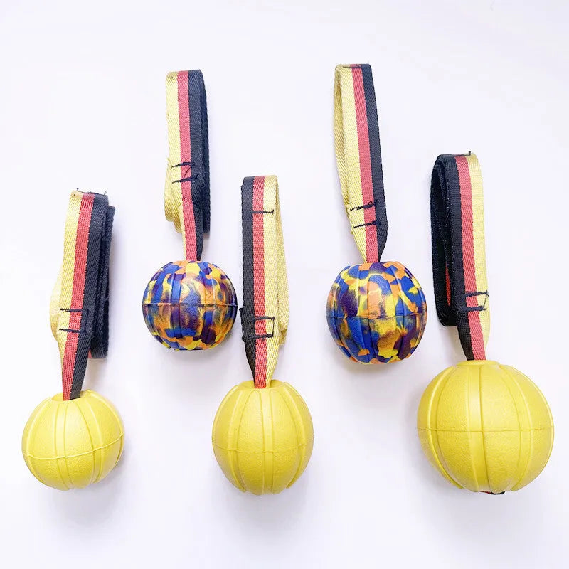 Floating EVA pet training ball in camouflage colour with 7cm diameter measurement shown