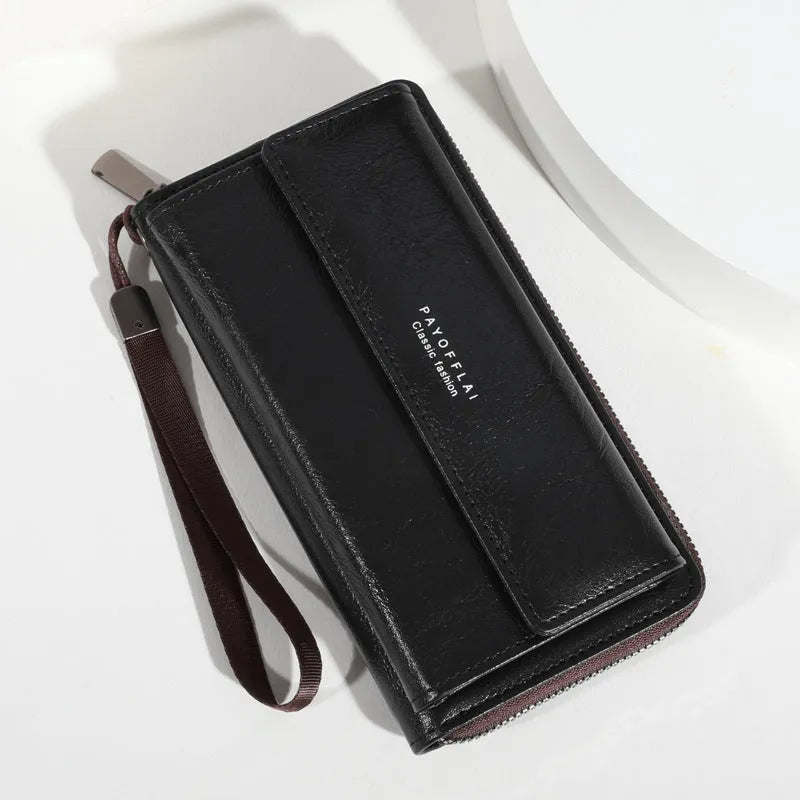 Men's black PU leather wallet showing multiple card slots, measuring 19cm by 10.5cm