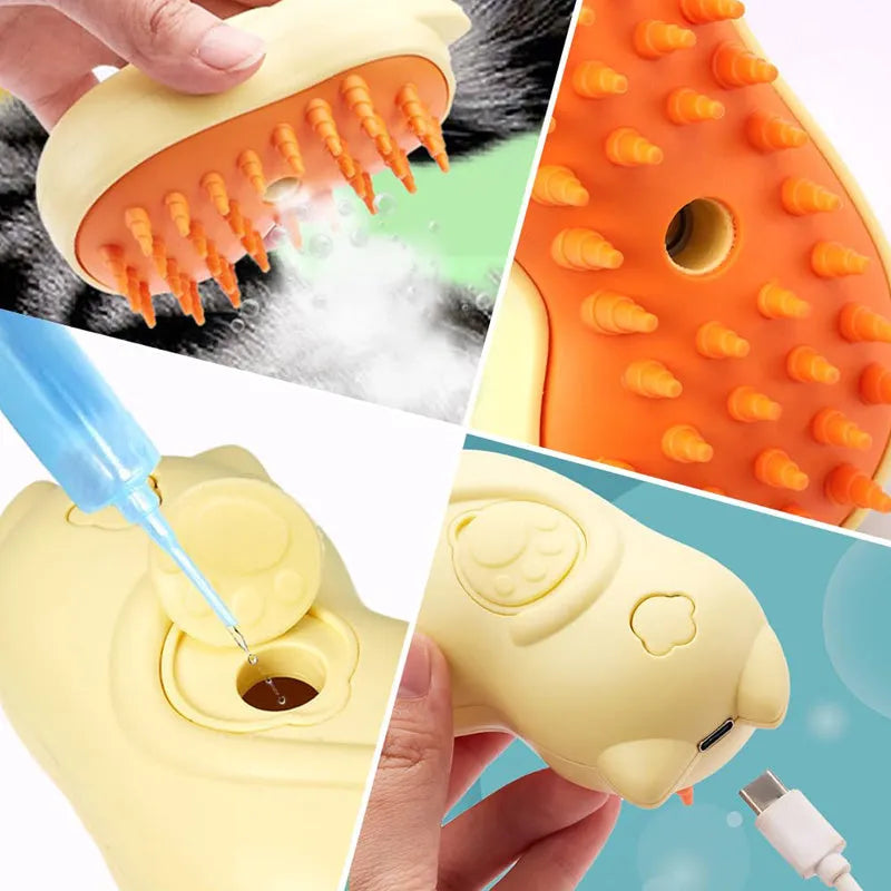 Cat Steamy Brush 3-in-1 Spray Comb showing steam function, pet-shaped design, and grooming application on animal coat