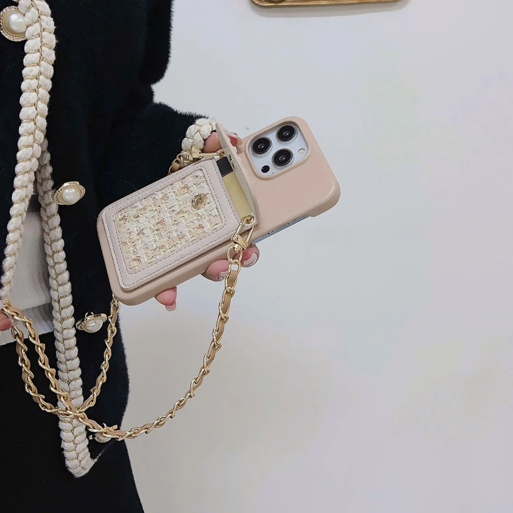 Crossbody chain card holder phone case in PU leather with frosted finish, shown in black, green, purple, white