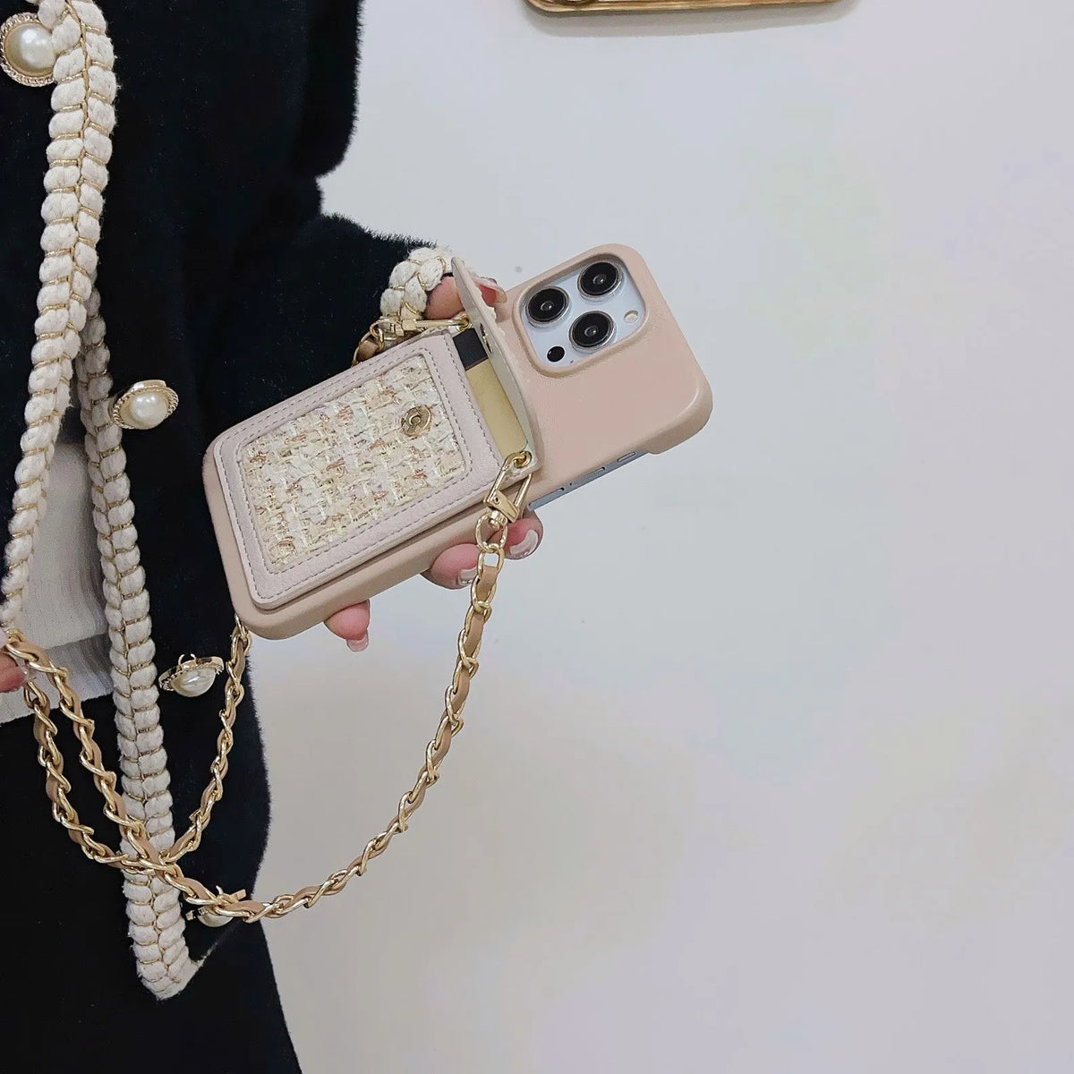 Crossbody chain card holder phone case in PU leather with frosted finish, shown in black, green, purple, white