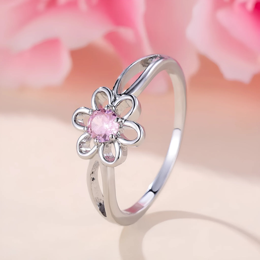 Women's copper fashion ring with hollowed flower design in platinum pink diamond colour