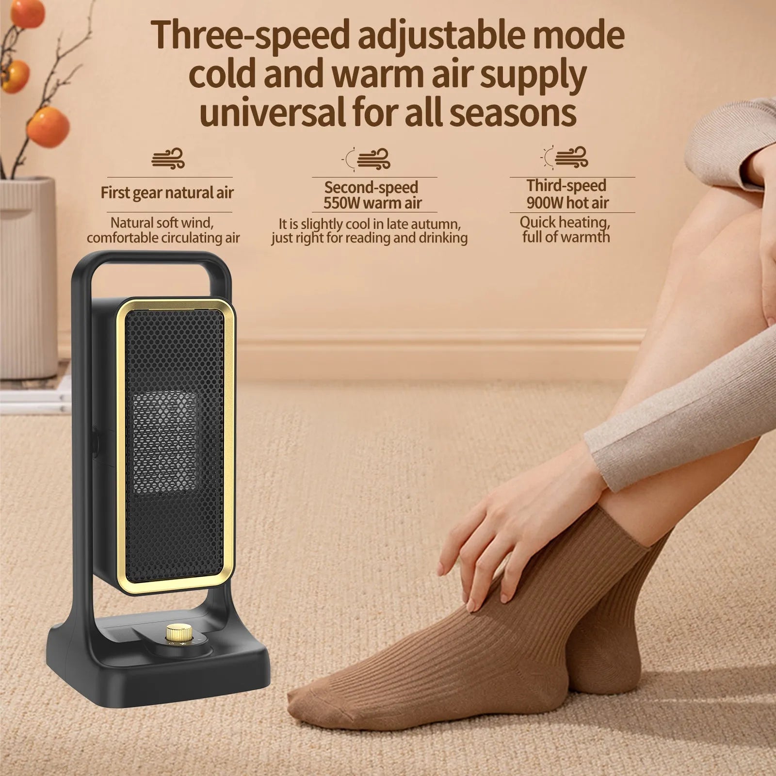 Black PTC ceramic desktop heater with knob controls, measuring 14.9×11.1×33.5 cm