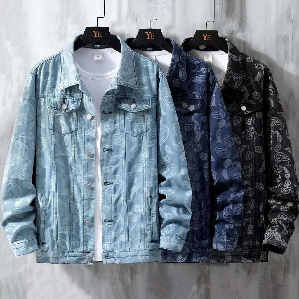 Men's slim fit denim coat with jacquard print and drawstring waist in black, dark blue, or light blue