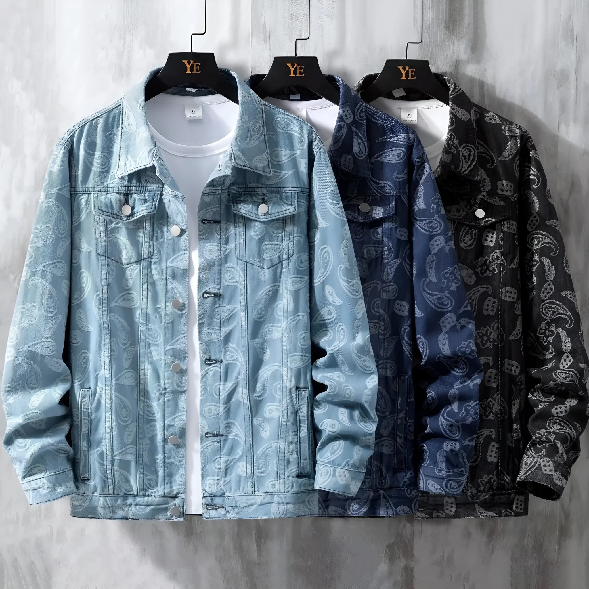 Men's slim fit denim coat with jacquard print and drawstring waist in black, dark blue, or light blue