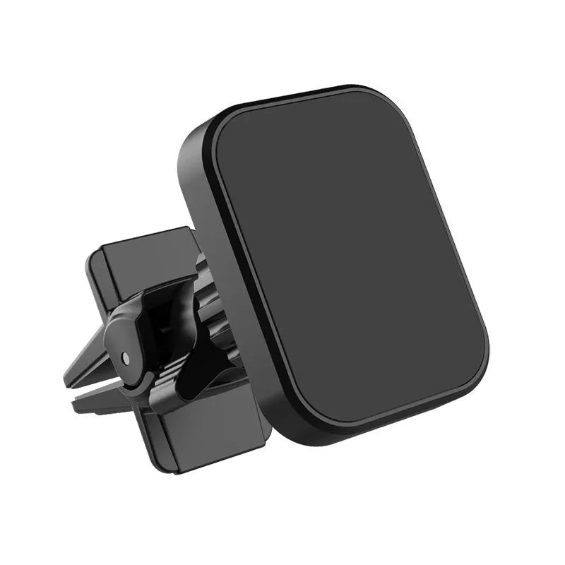 Black magnetic car phone holder attached to air vent with phone secured, showing 360-degree rotation capability