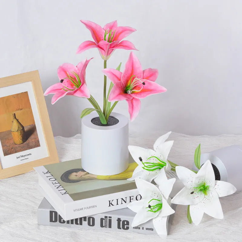 Rechargeable LED lily flower pot lamp in lily-white or lily-pink, flower-shaped ambience light with 300W rating