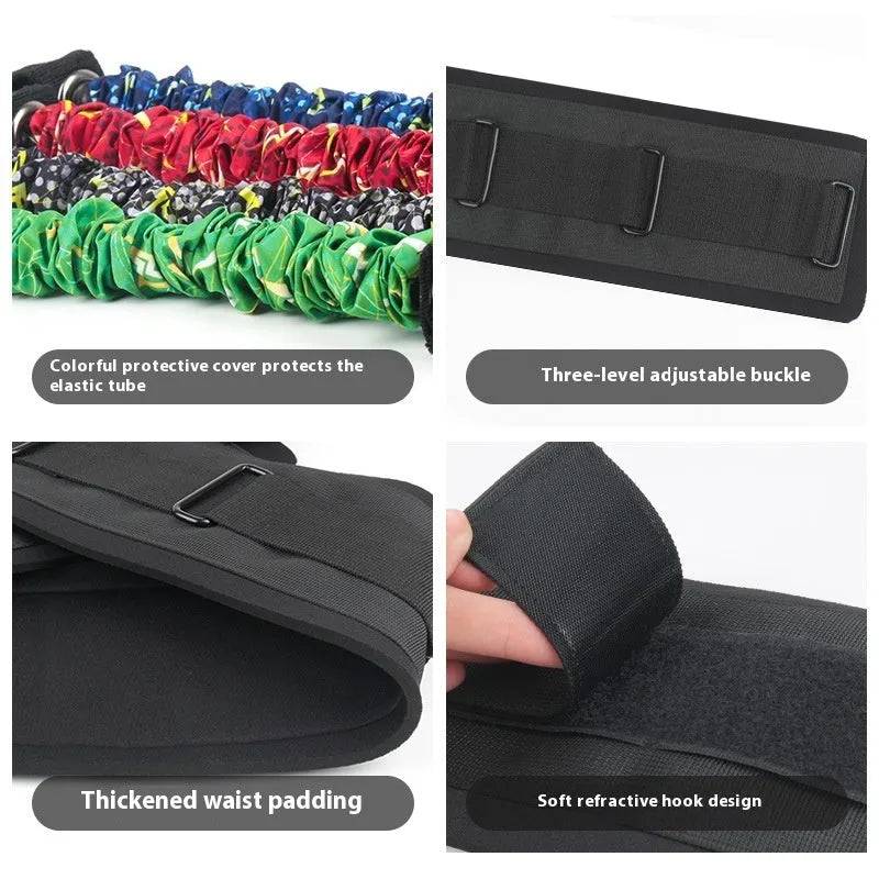 Fitness Bounce chest expander elastic belt with red, blue, black, and green sleeves indicating 100 to 300 pounds resistance