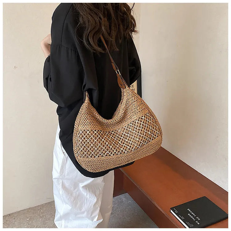 Women's casual straw cross body bag in khaki colour with a sandwich pocket and horizontal square shape.