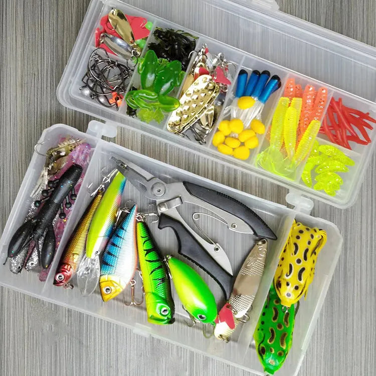 Lure Suit 142 pieces with fishing pliers, metal lures, plastic baits, and hard mino sequins arranged in tackle box