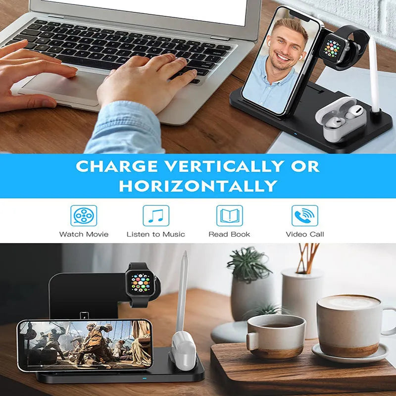 Black four-in-one wireless charging station with QC3.0 charging head