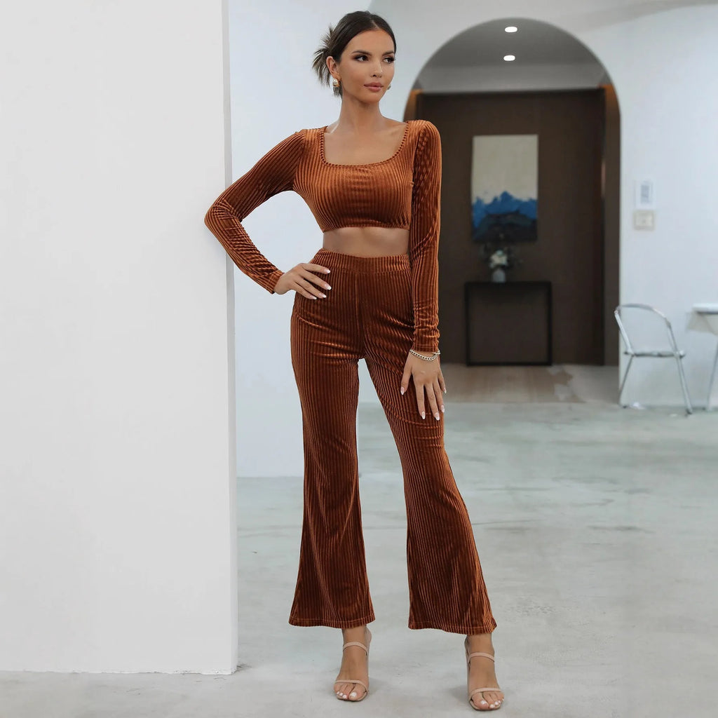 Caramel long sleeve sweater set with top and pants, polyester spandex blend, sizes S-XXXL