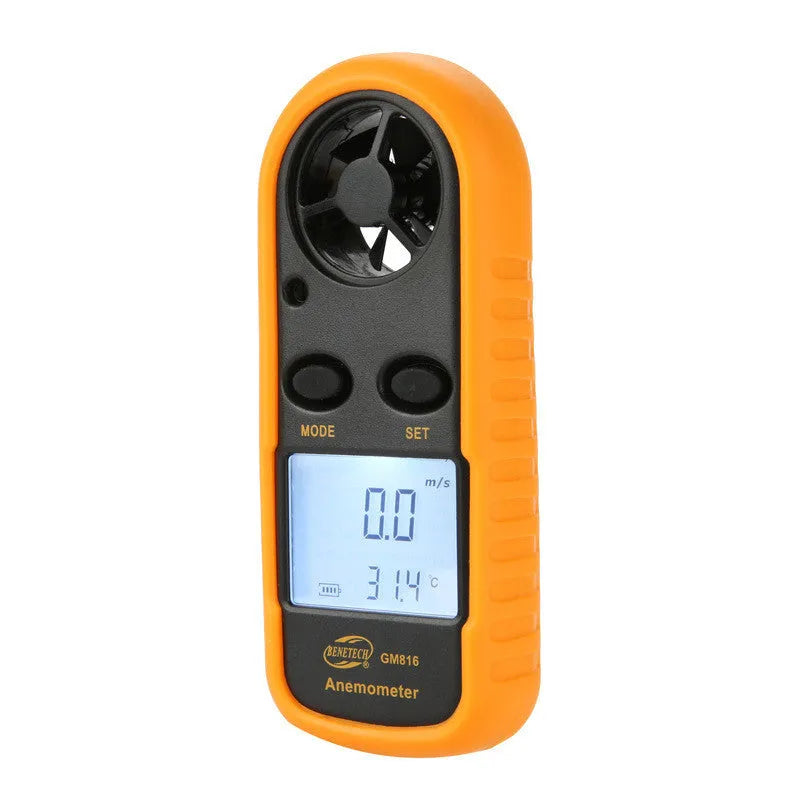 Orange digital portable wind speed measuring instrument with display showing wind speed readings