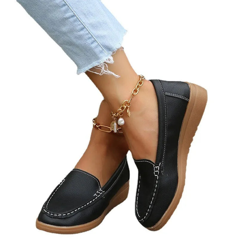 Women's PU leather loafers with car suture detailing, flat heel, available in UK sizes 35-42