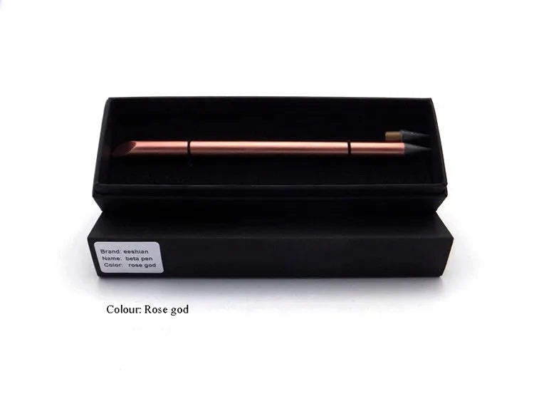 Inkless metal pen with 0.5mm alloy nib in silver, gold, rose gold, black, or blue finish, showing 16cm length and included spare nib