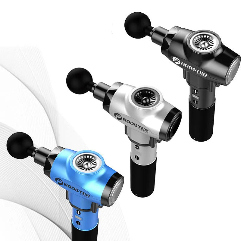 Black and white muscle relaxation massager with 12mm stroke depth and adjustable speed control