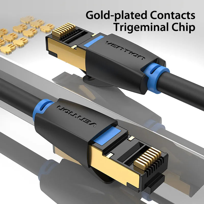 CAT8 shielded network cable with RJ45 plugs in flat and round styles for 10G home gaming