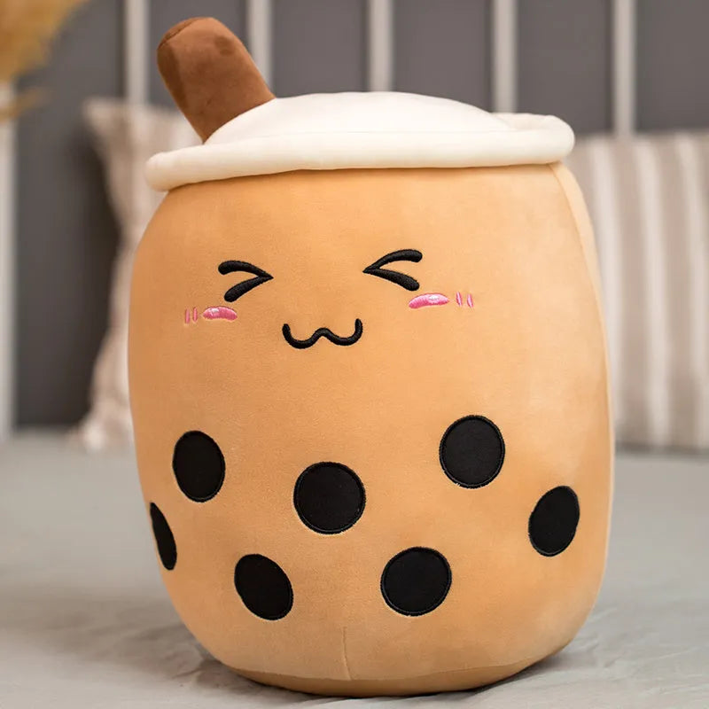 Brown boba milk tea plush cushion with fruit-shaped decorations on soft stretch cotton fabric