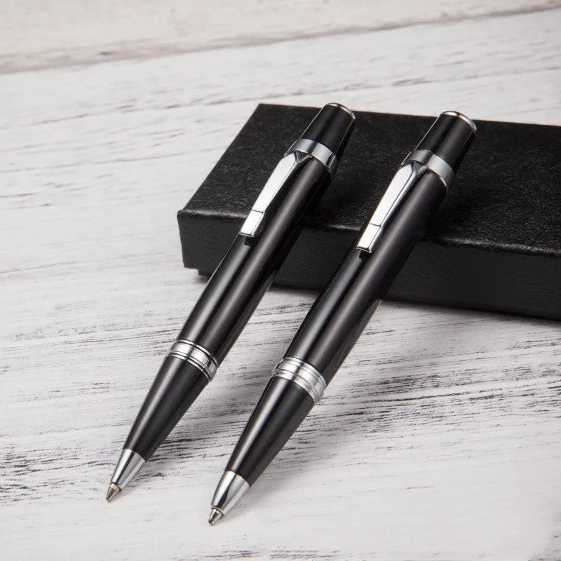 Short metal rotating ballpoint pen with black ink, measuring 112mm length