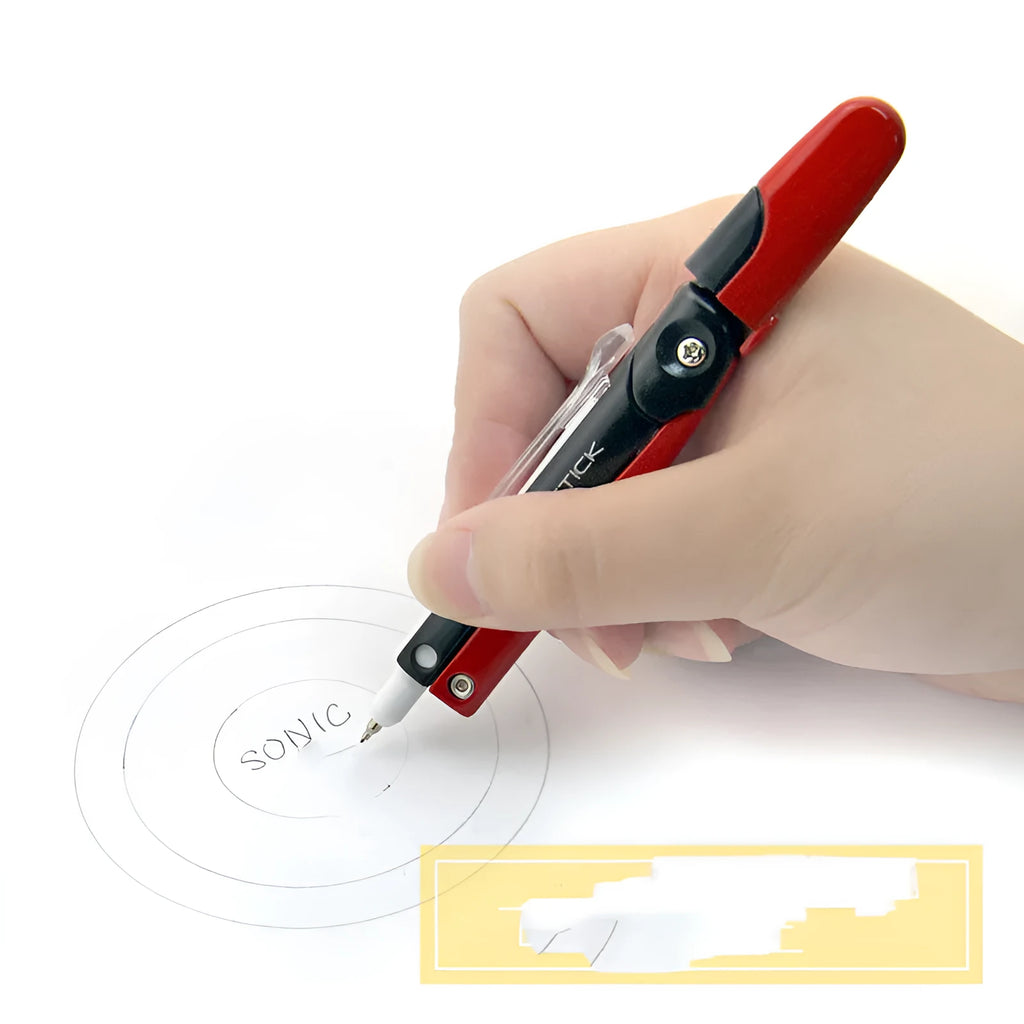 Blue automatic pen with integrated compass, protective cover, shown at 122mm length next to a pencil case.
