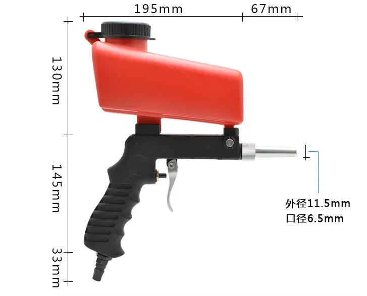Portable gravity-fed pneumatic sandblasting gun with 6.5mm nozzle in black or blue colour