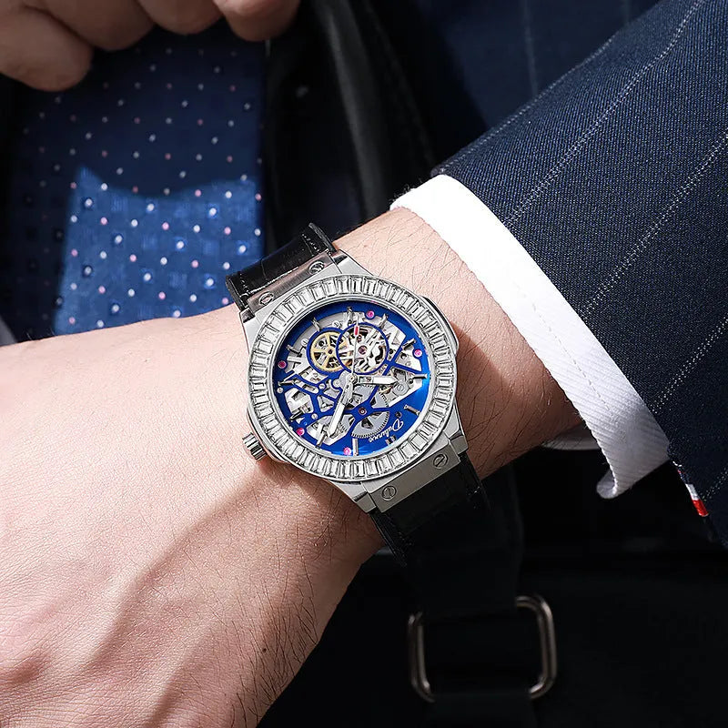 Automatic mechanical men's watch with hollow movement showing gears, diamond-studded markers, 16mm thickness, on leather strap