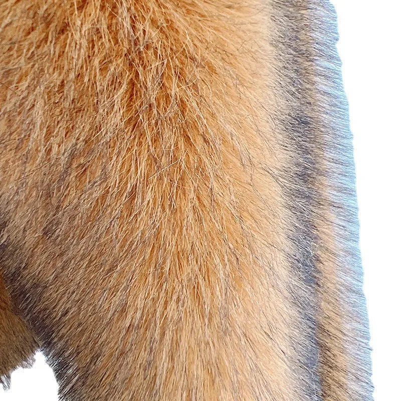 Silver grey artificial fur coat with 65cm length and regular sleeves, displayed on a model.